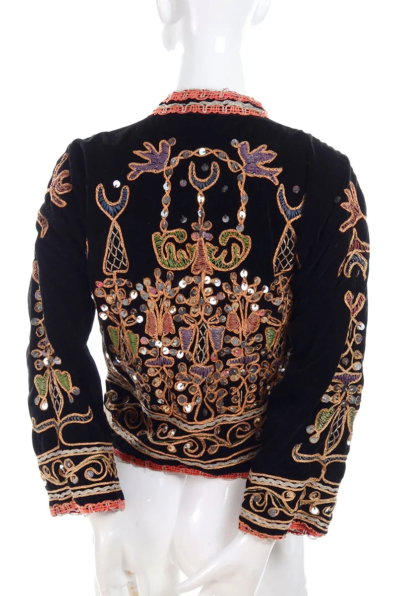 Black Velvet Open Front Vintage Jacket w/ Metallic Embroidery & Paillettes