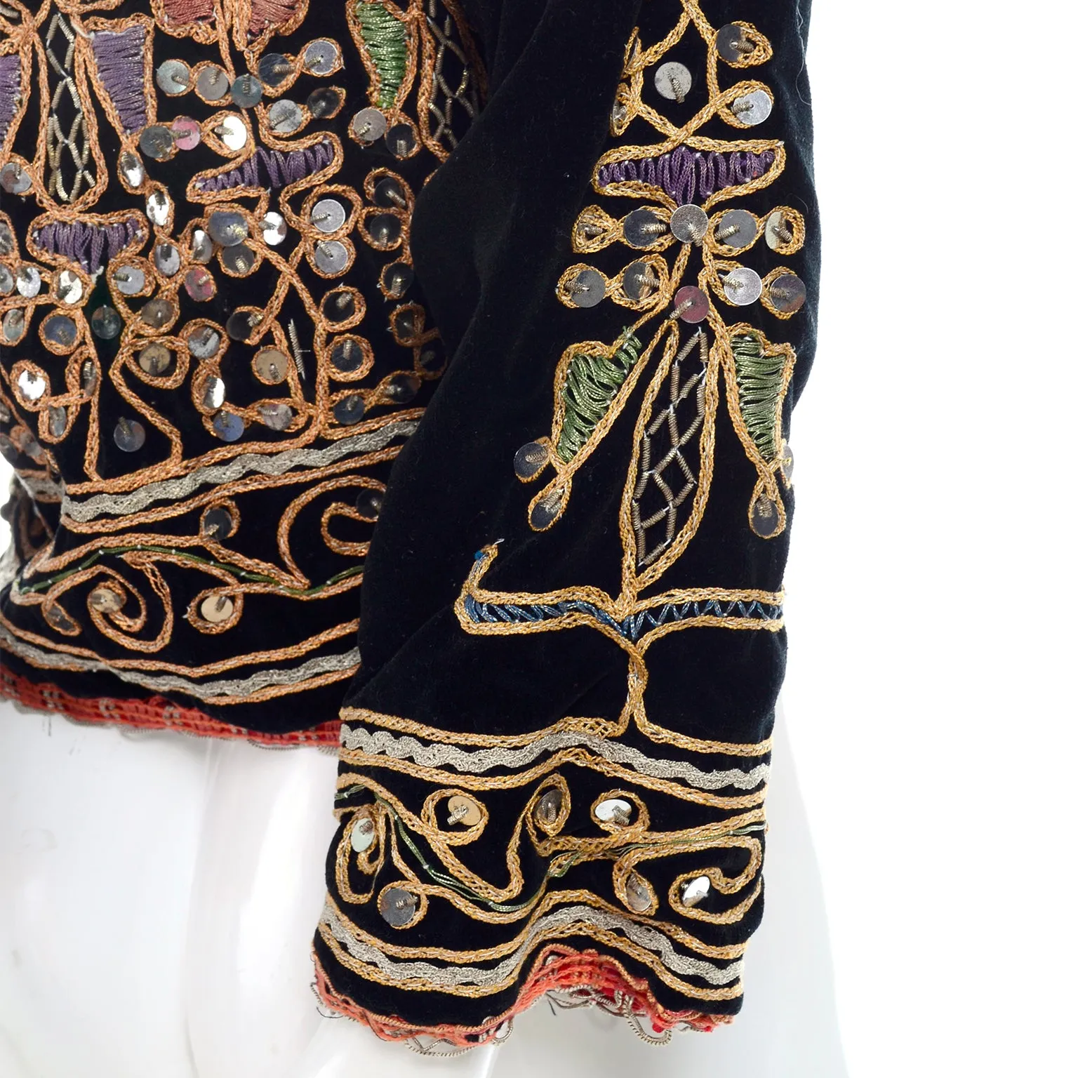 Black Velvet Open Front Vintage Jacket w/ Metallic Embroidery & Paillettes