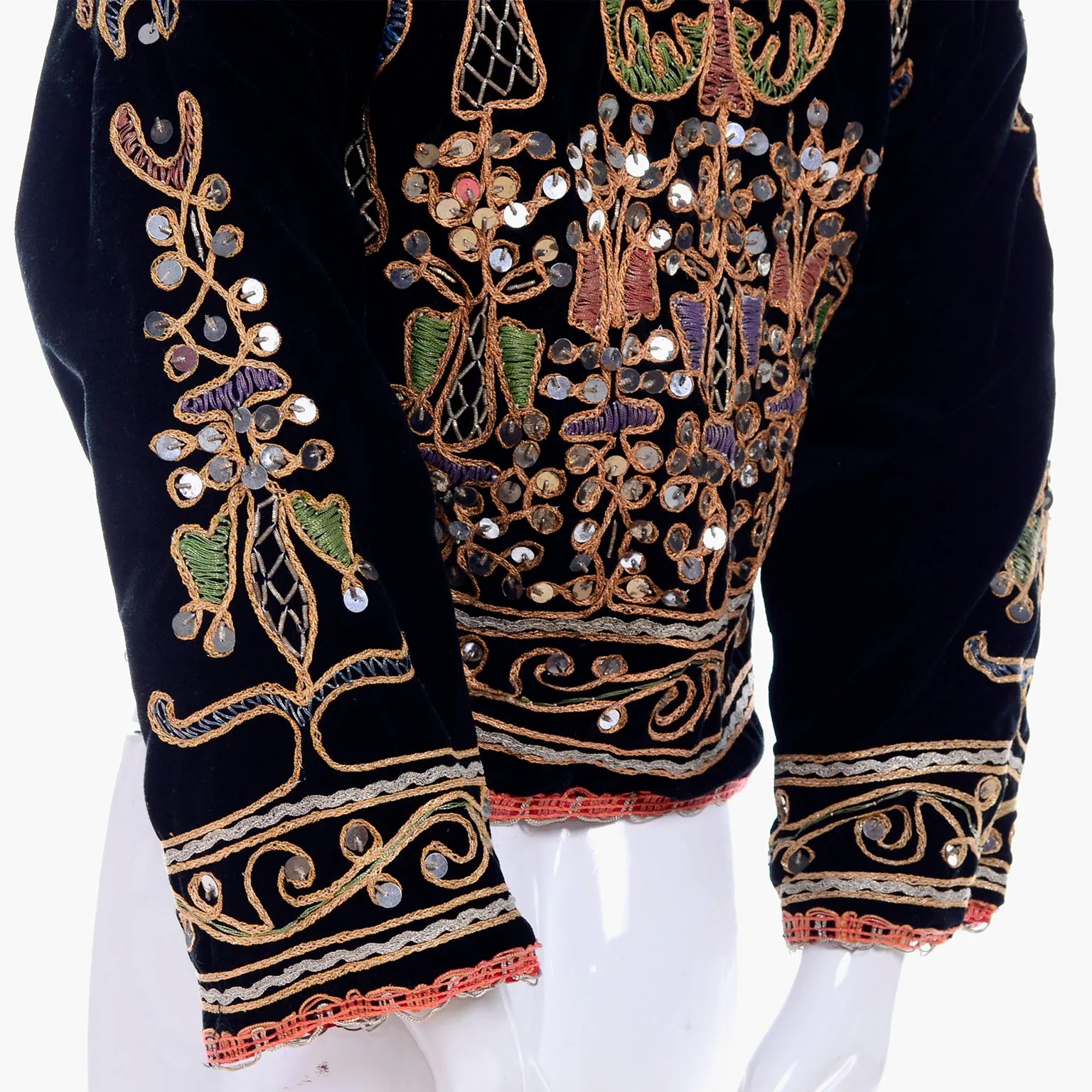 Black Velvet Open Front Vintage Jacket w/ Metallic Embroidery & Paillettes