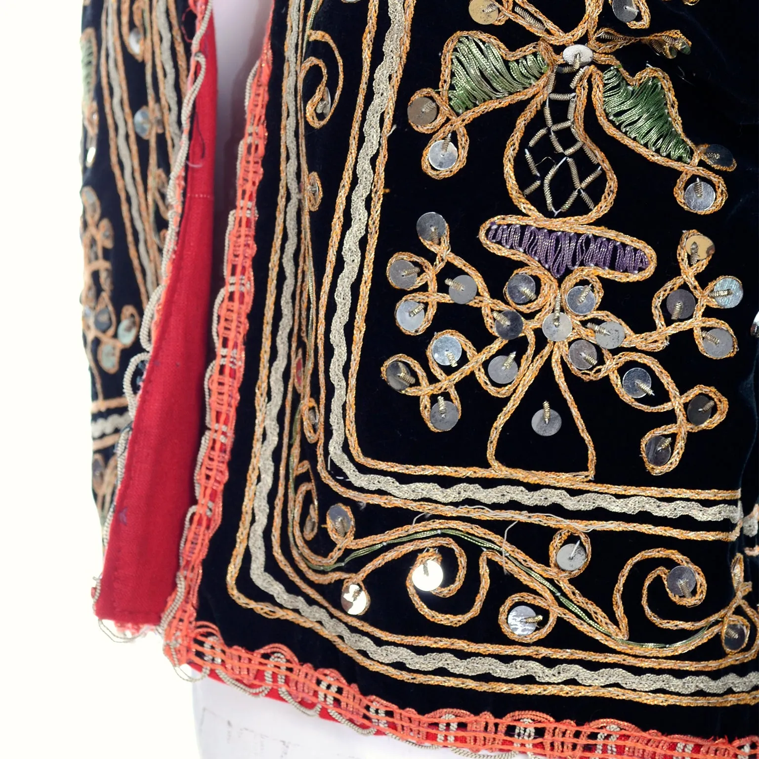 Black Velvet Open Front Vintage Jacket w/ Metallic Embroidery & Paillettes