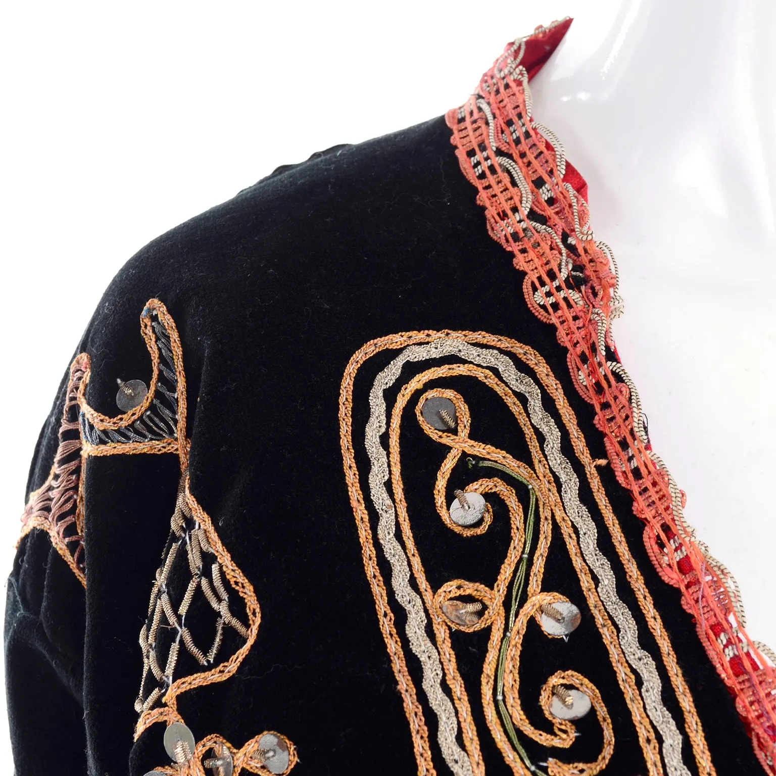 Black Velvet Open Front Vintage Jacket w/ Metallic Embroidery & Paillettes