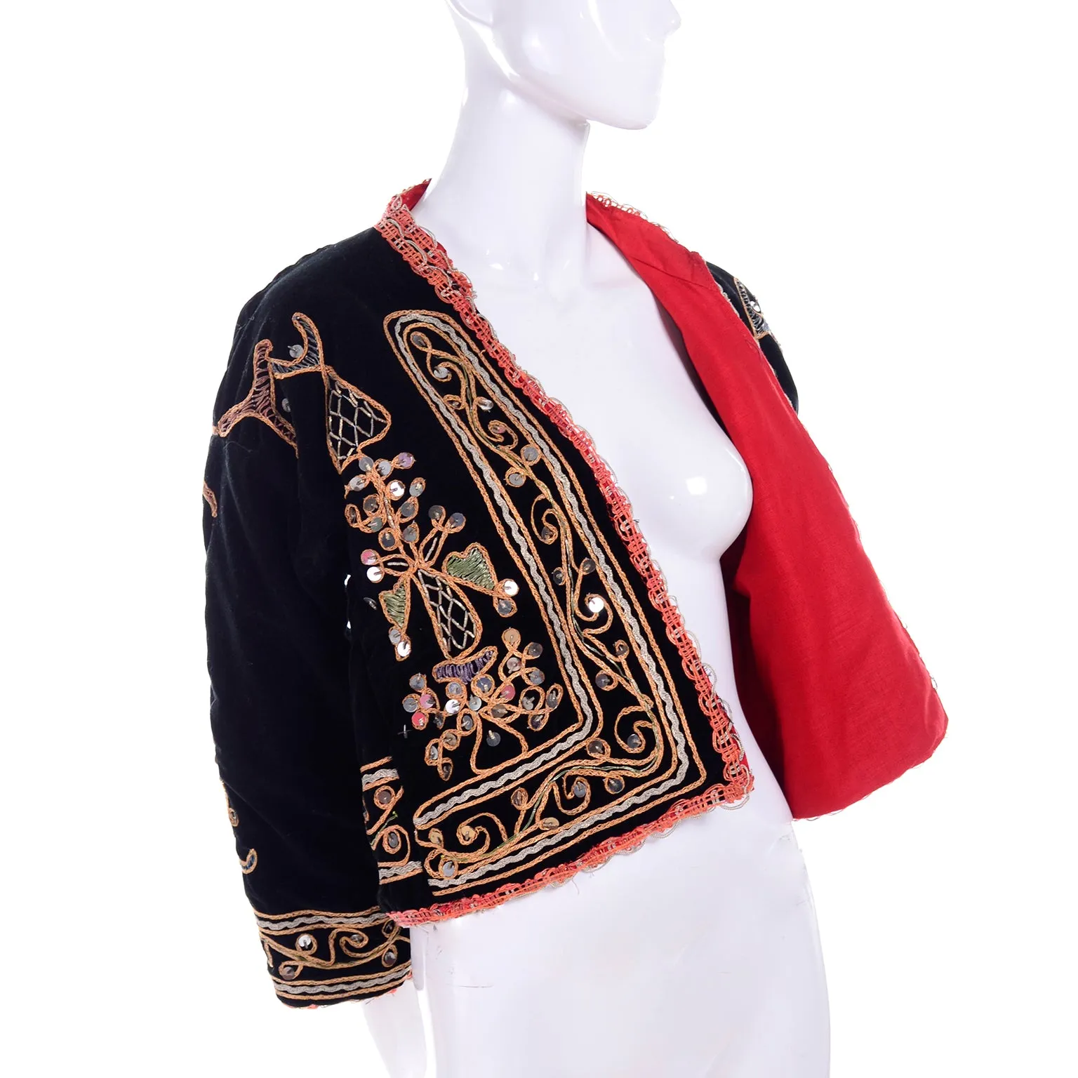 Black Velvet Open Front Vintage Jacket w/ Metallic Embroidery & Paillettes