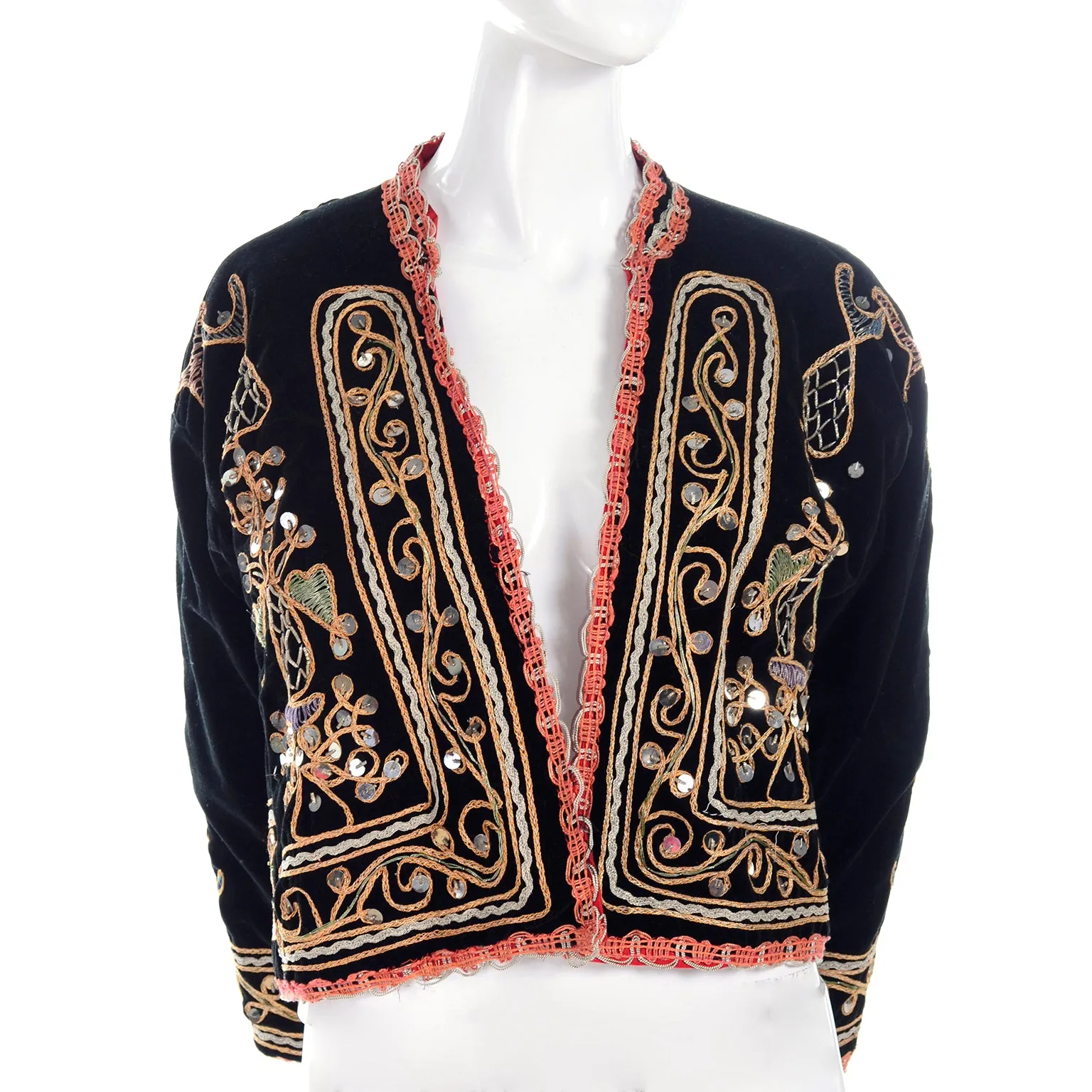 Black Velvet Open Front Vintage Jacket w/ Metallic Embroidery & Paillettes