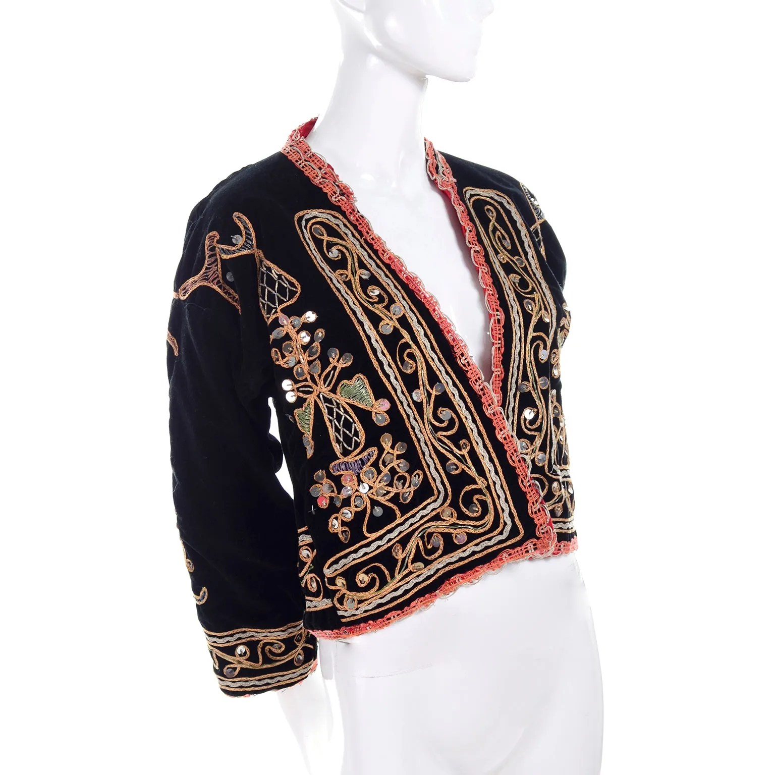 Black Velvet Open Front Vintage Jacket w/ Metallic Embroidery & Paillettes