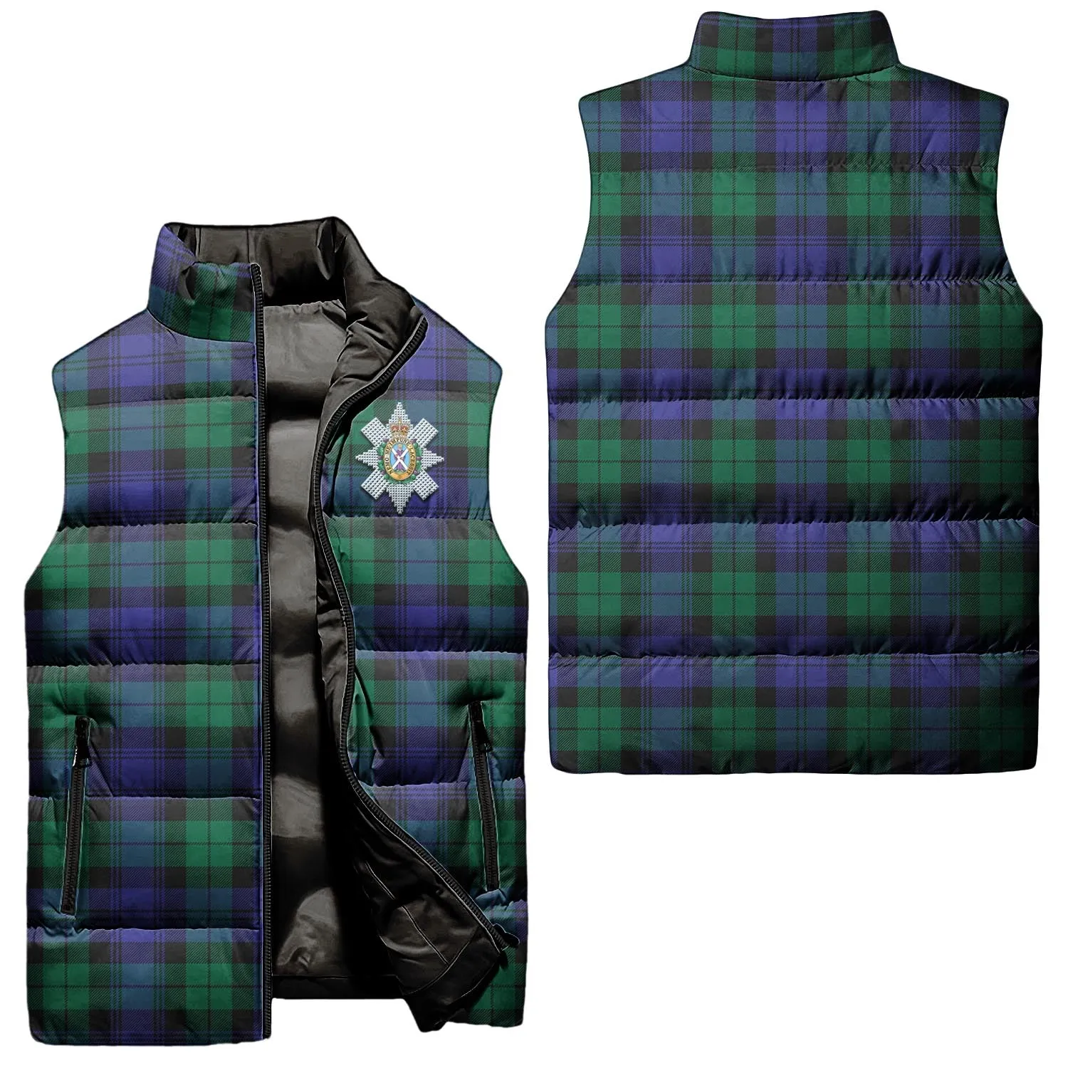 Black Watch Modern Tartan Sleeveless Puffer Jacket with Family Crest