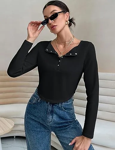 Blooming Jelly Womens Casual Long Sleeve Crop Top Henley Shirts High Low Slim Fit Fall Ribbed Knit Blouse（S, Black）