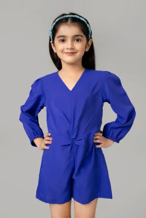 Blue Front Knot Jumpsuit For Girls