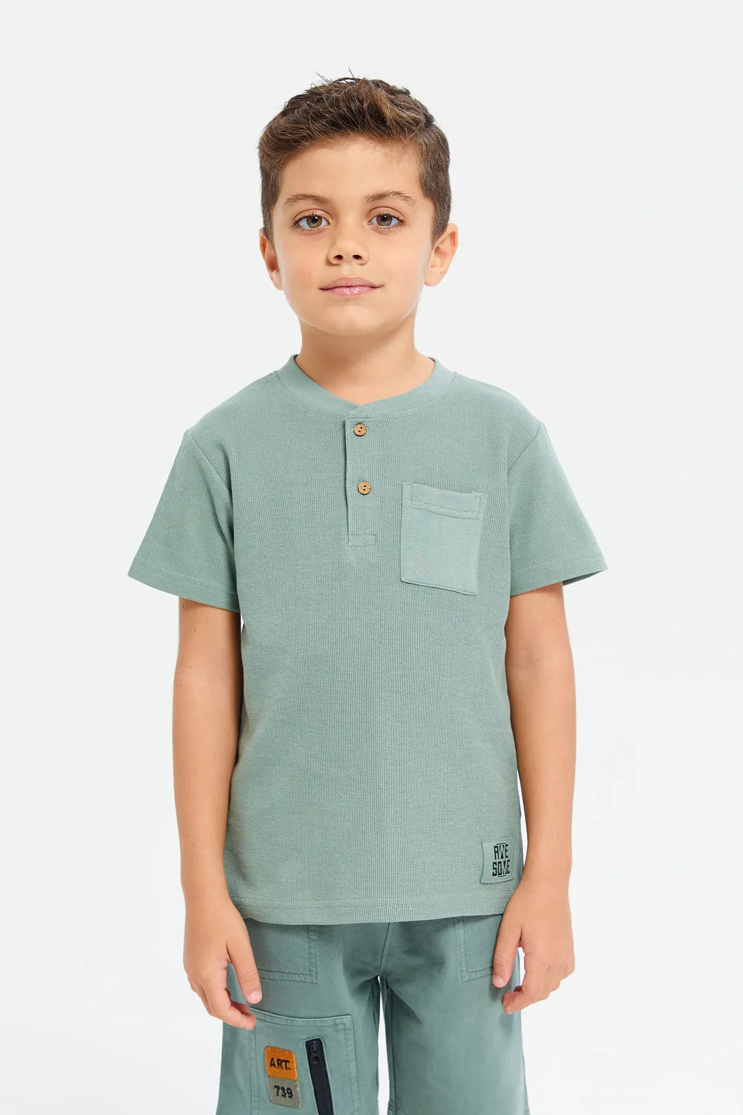 Boys Green Henley Short Sleeve T-Shirt