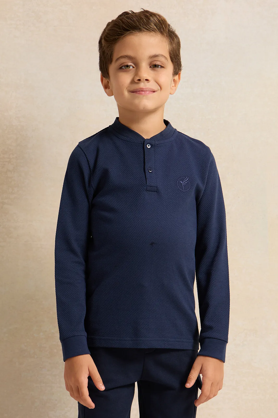 Boys Navy Popcorn Knit Long Sleeve Henley T-Shirt