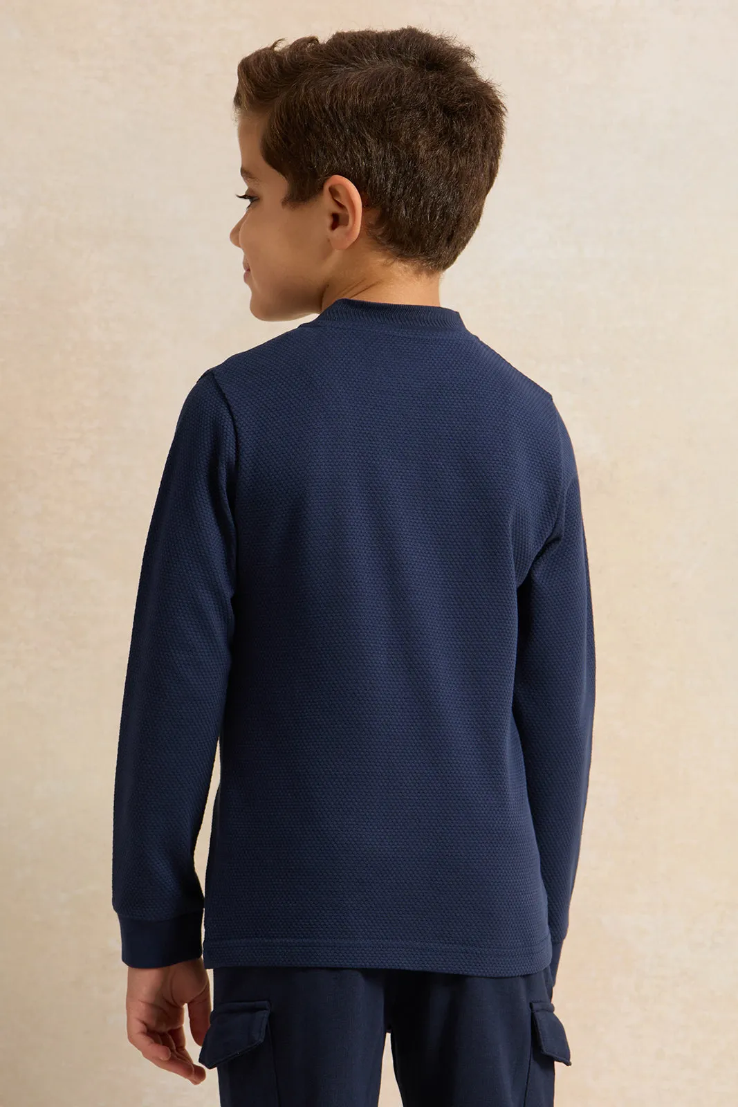 Boys Navy Popcorn Knit Long Sleeve Henley T-Shirt