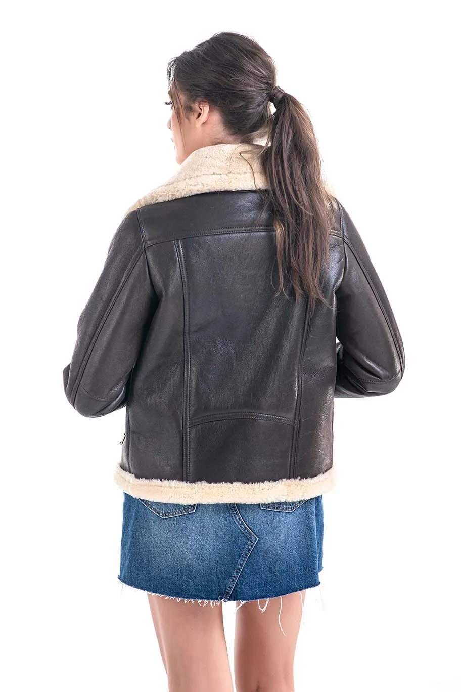 Brown Shearling Leather Jacket with Merino Fur Detailing