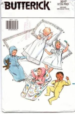 Butterick 3317 Baby Layette Jumpsuit Gown Bunting Dress Bonnet Christening 1980's Pattern