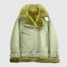 Buy New Women Style Light Green Aviator Styled Sheepskin Shearling Leather Jacket