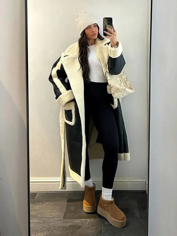 Chic pockets full length warm shearling trench coat