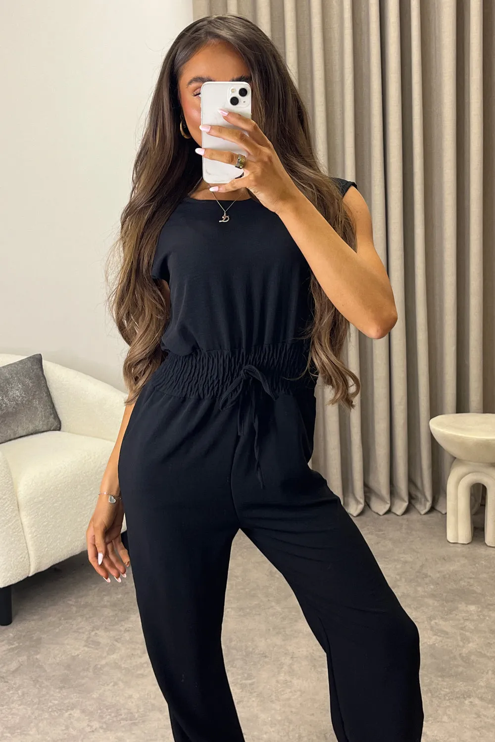 Chrisse Black Short Sleeve Shirred Waist Jumpsuit