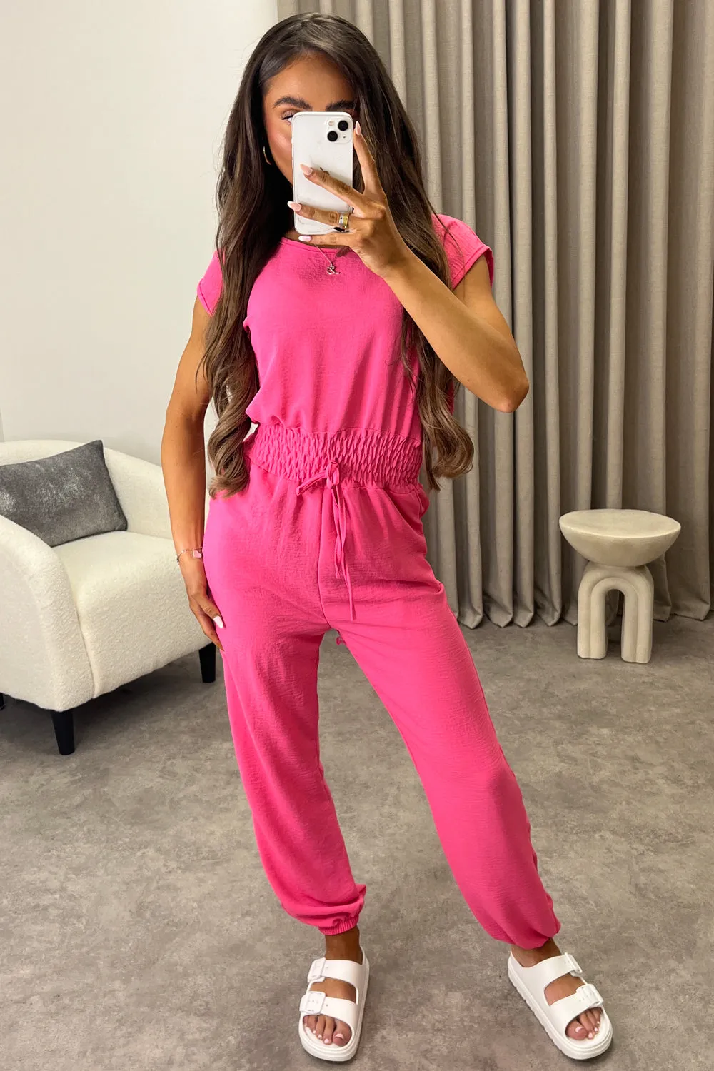 Chrisse Pink Short Sleeve Shirred Waist Jumpsuit