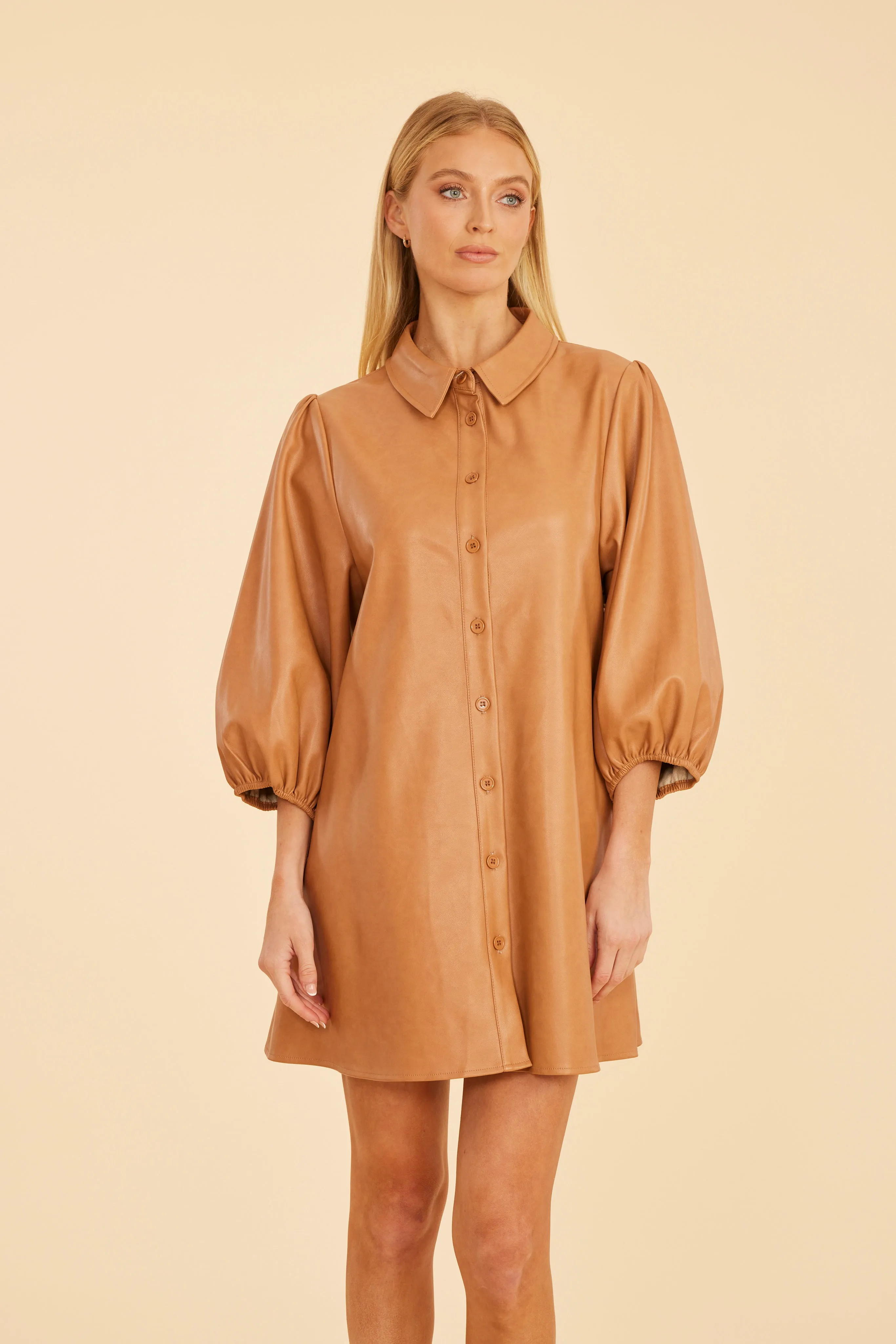 Classic Faux Leather Dress with Puff Sleeves