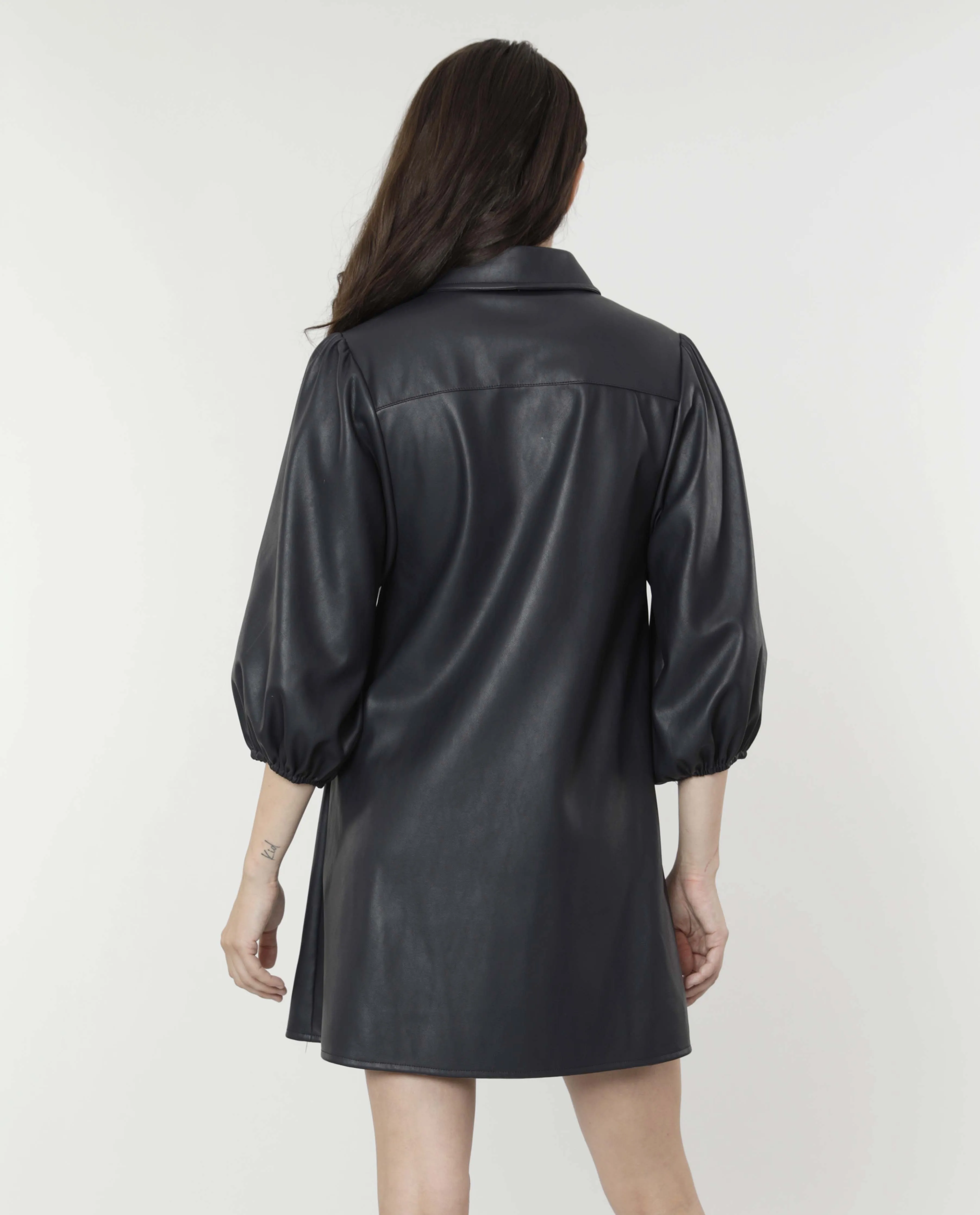 Classic Faux Leather Dress with Puff Sleeves