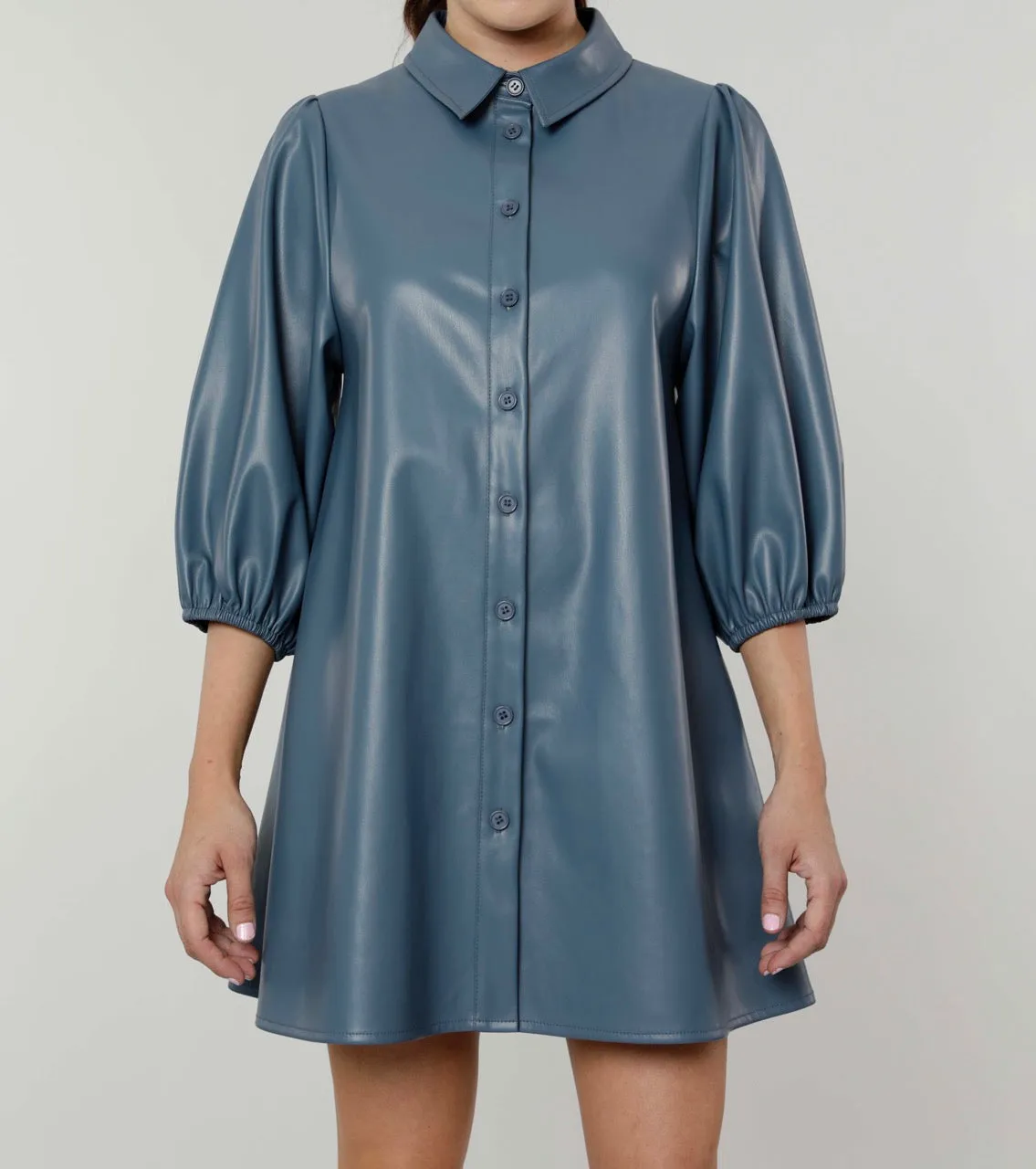 Classic Faux Leather Dress with Puff Sleeves