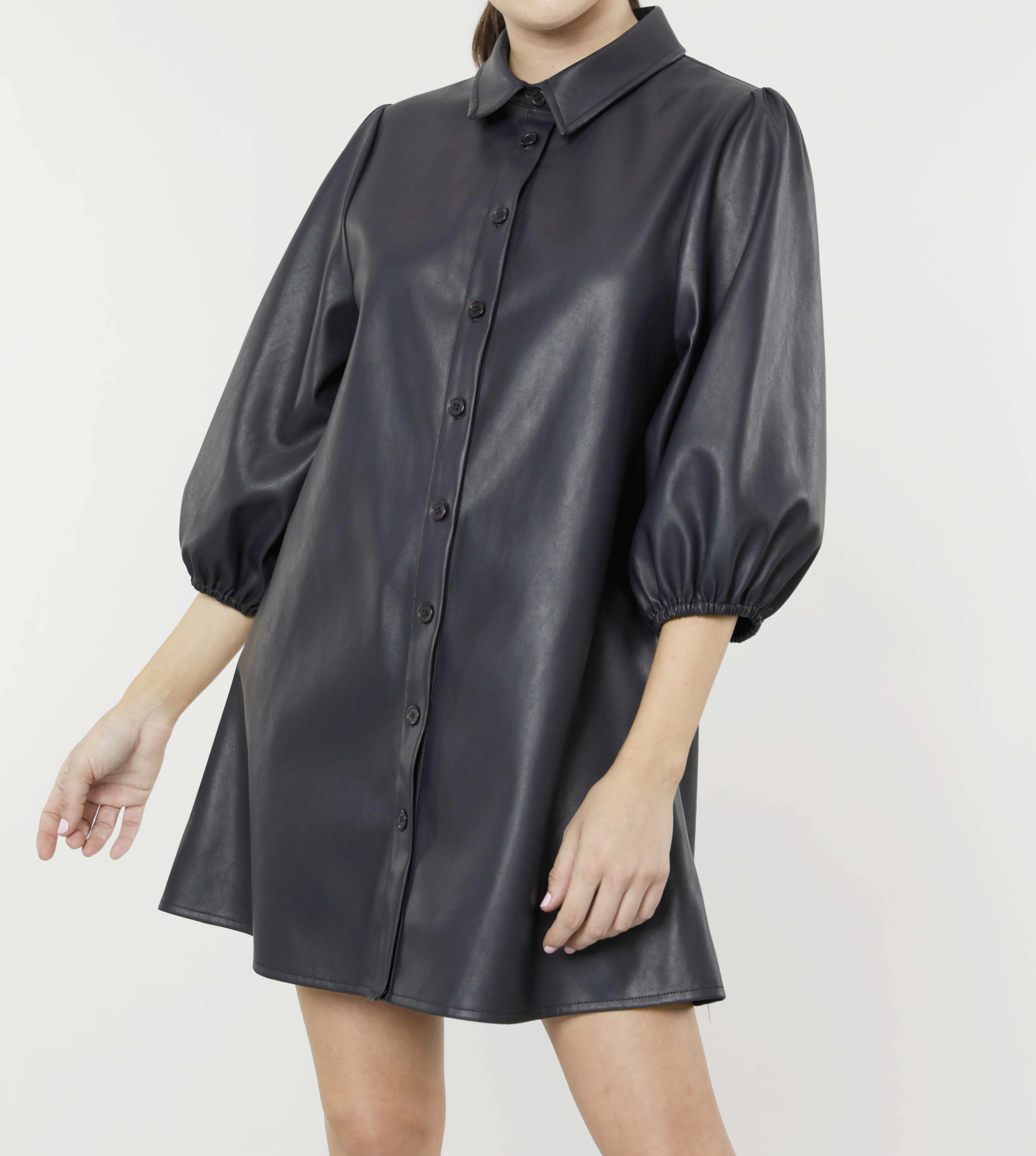 Classic Faux Leather Dress with Puff Sleeves