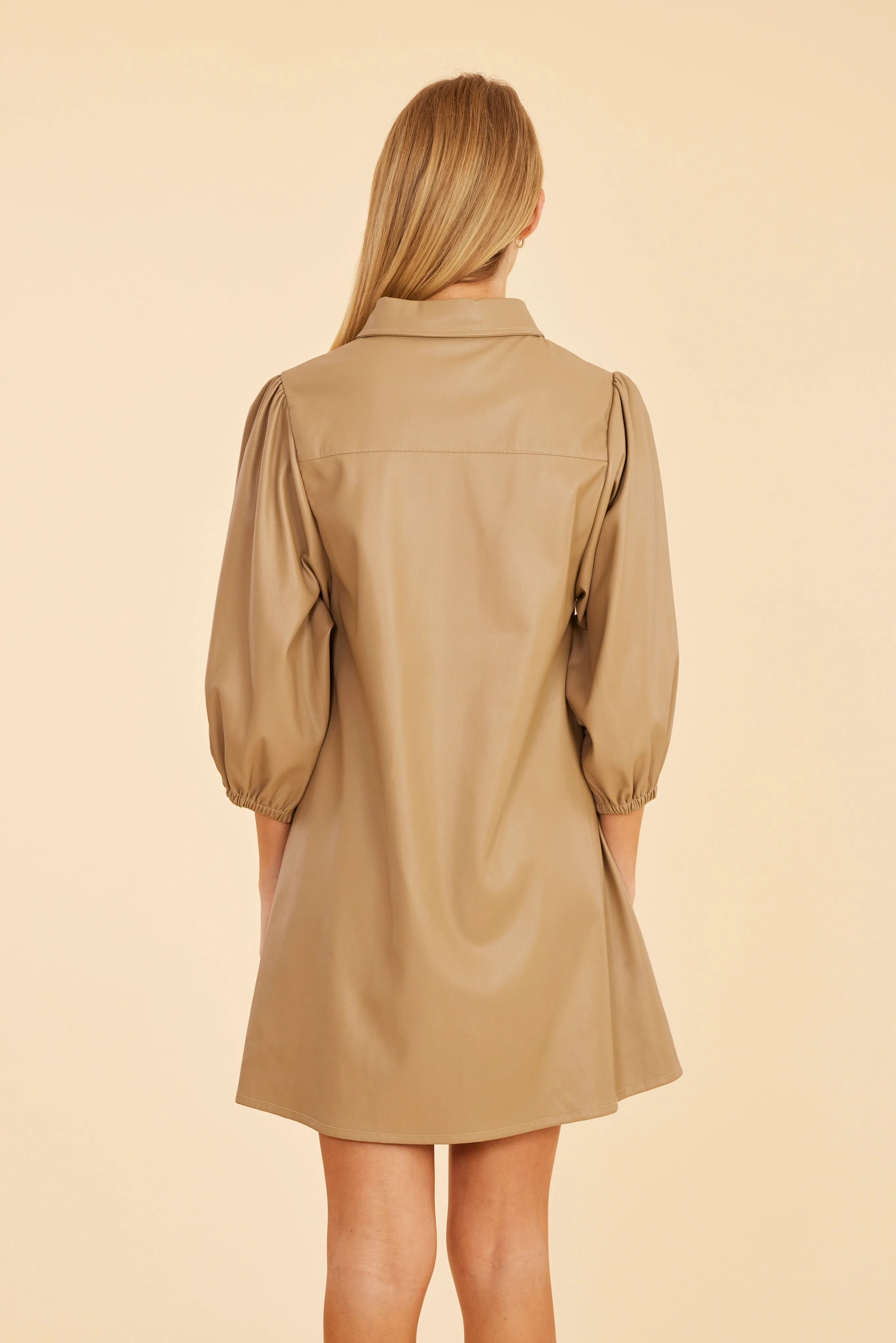 Classic Faux Leather Dress with Puff Sleeves