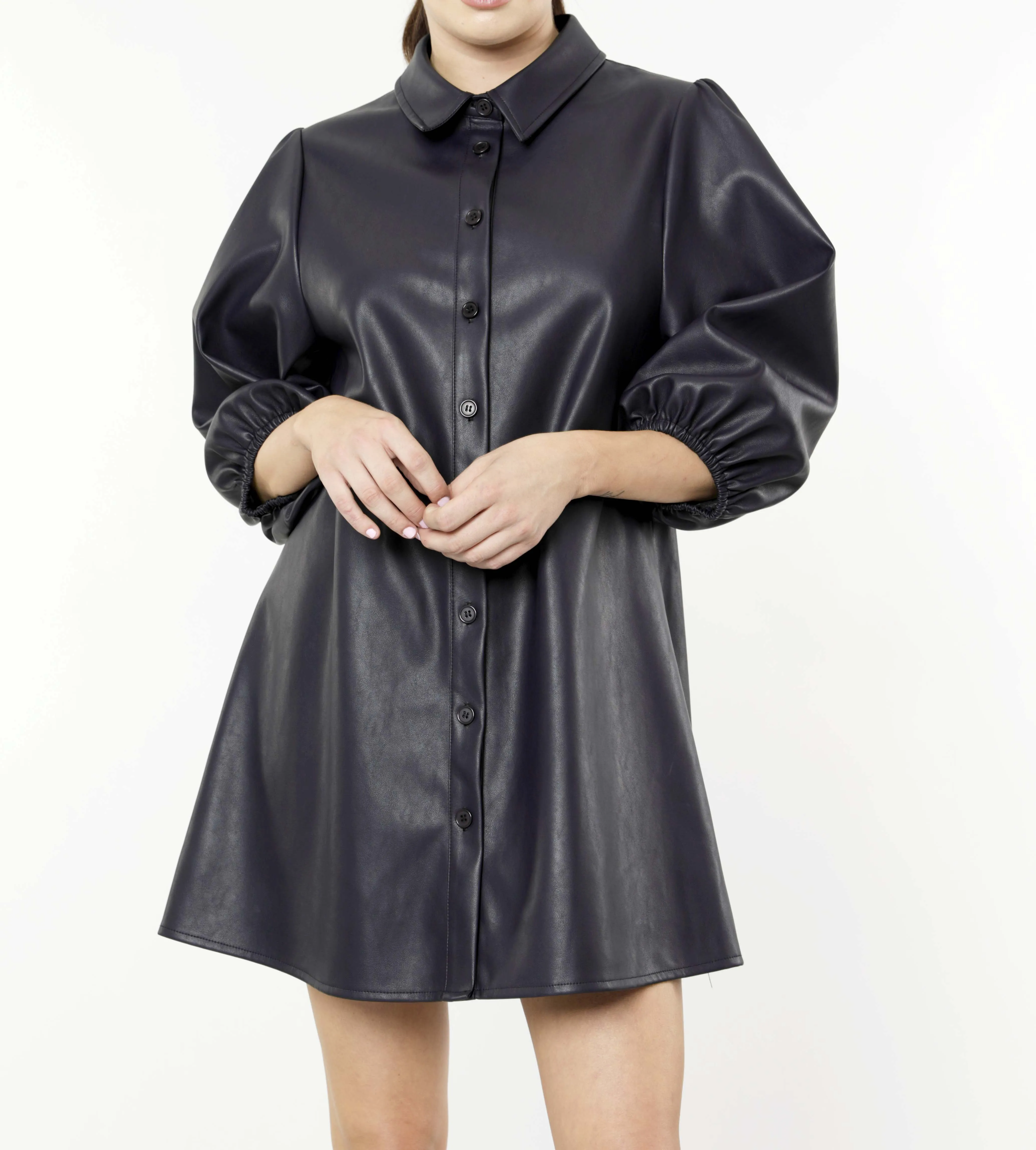 Classic Faux Leather Dress with Puff Sleeves