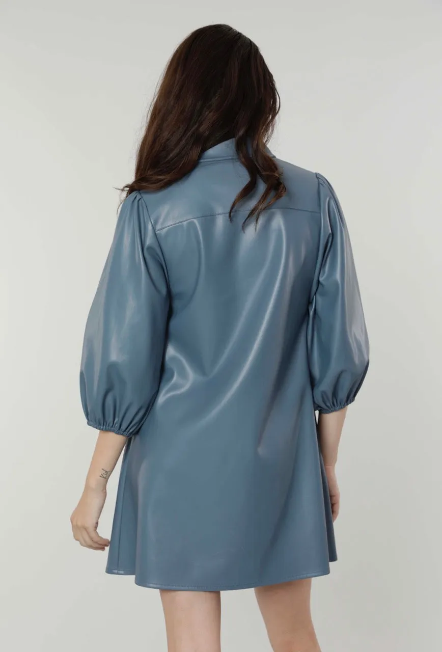 Classic Faux Leather Dress with Puff Sleeves