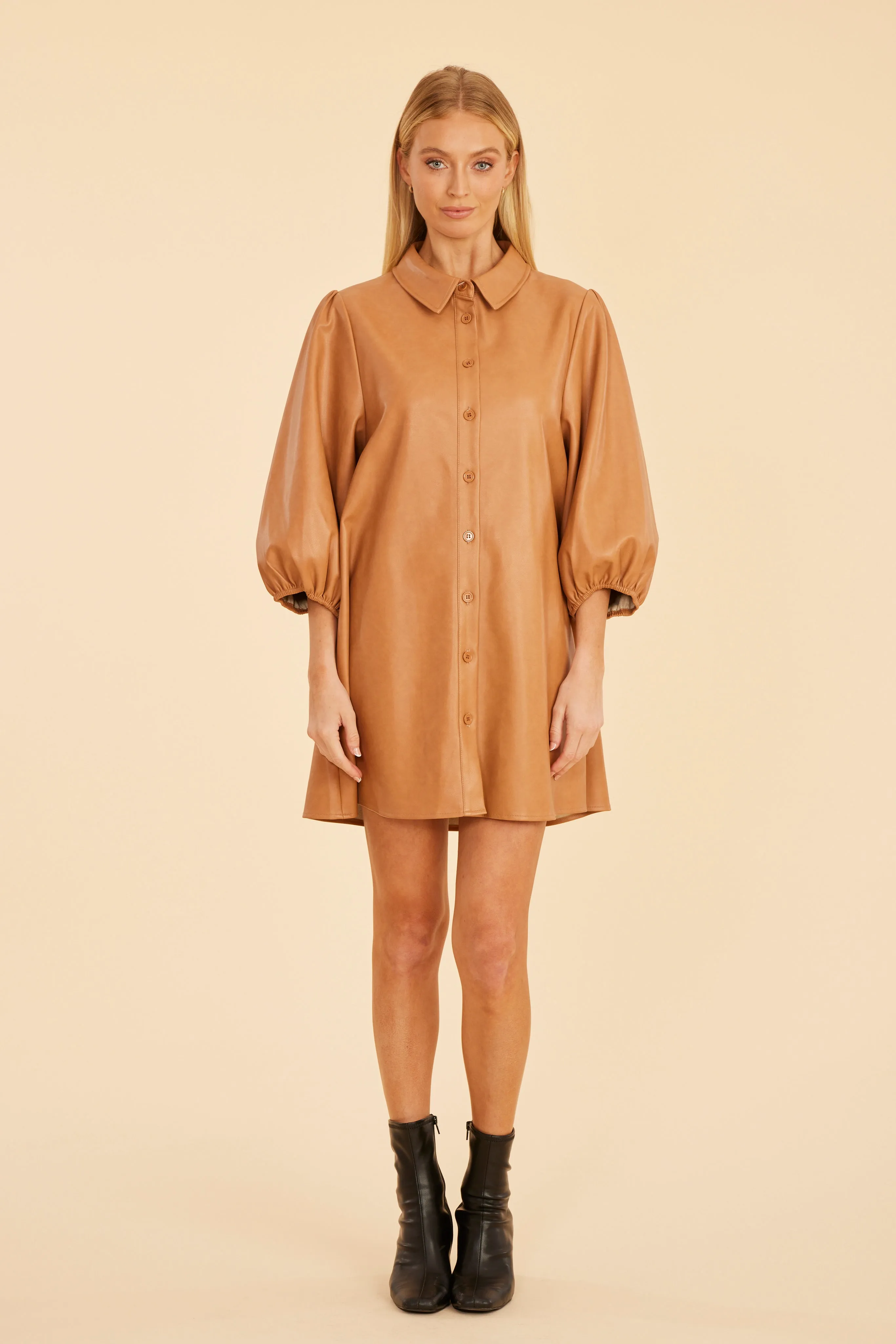 Classic Faux Leather Dress with Puff Sleeves