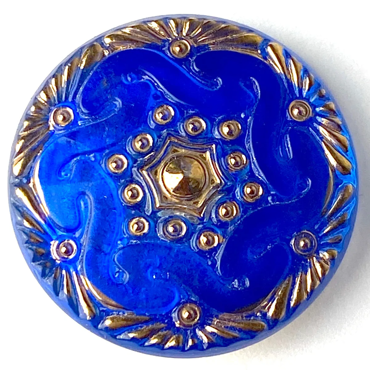 Cobalt Blue Handpainted Czech Lacy Glass Button, 1-1/16", Susan Clarke #SC1519A