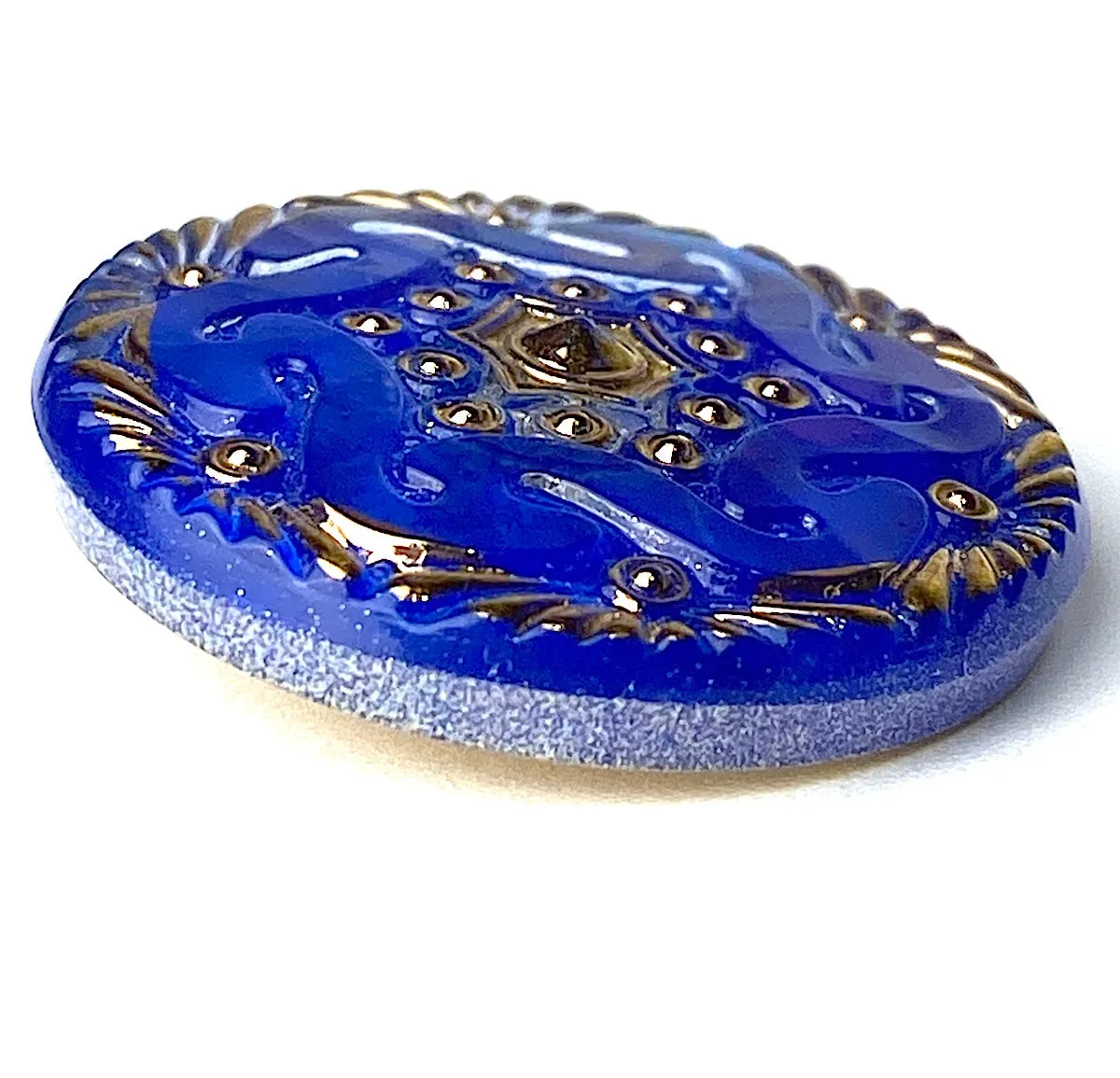 Cobalt Blue Handpainted Czech Lacy Glass Button, 1-1/16", Susan Clarke #SC1519A