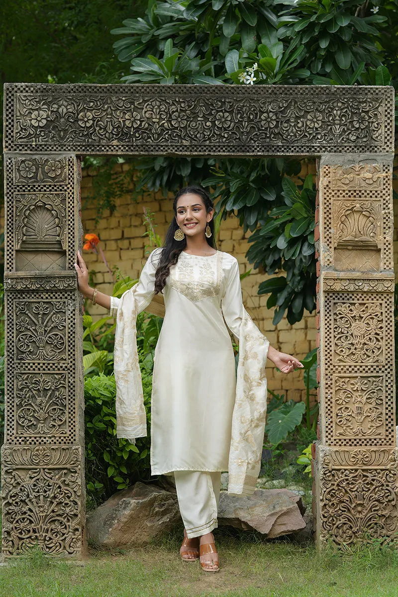 Cream Poly Silk Yoke Design Suit Set