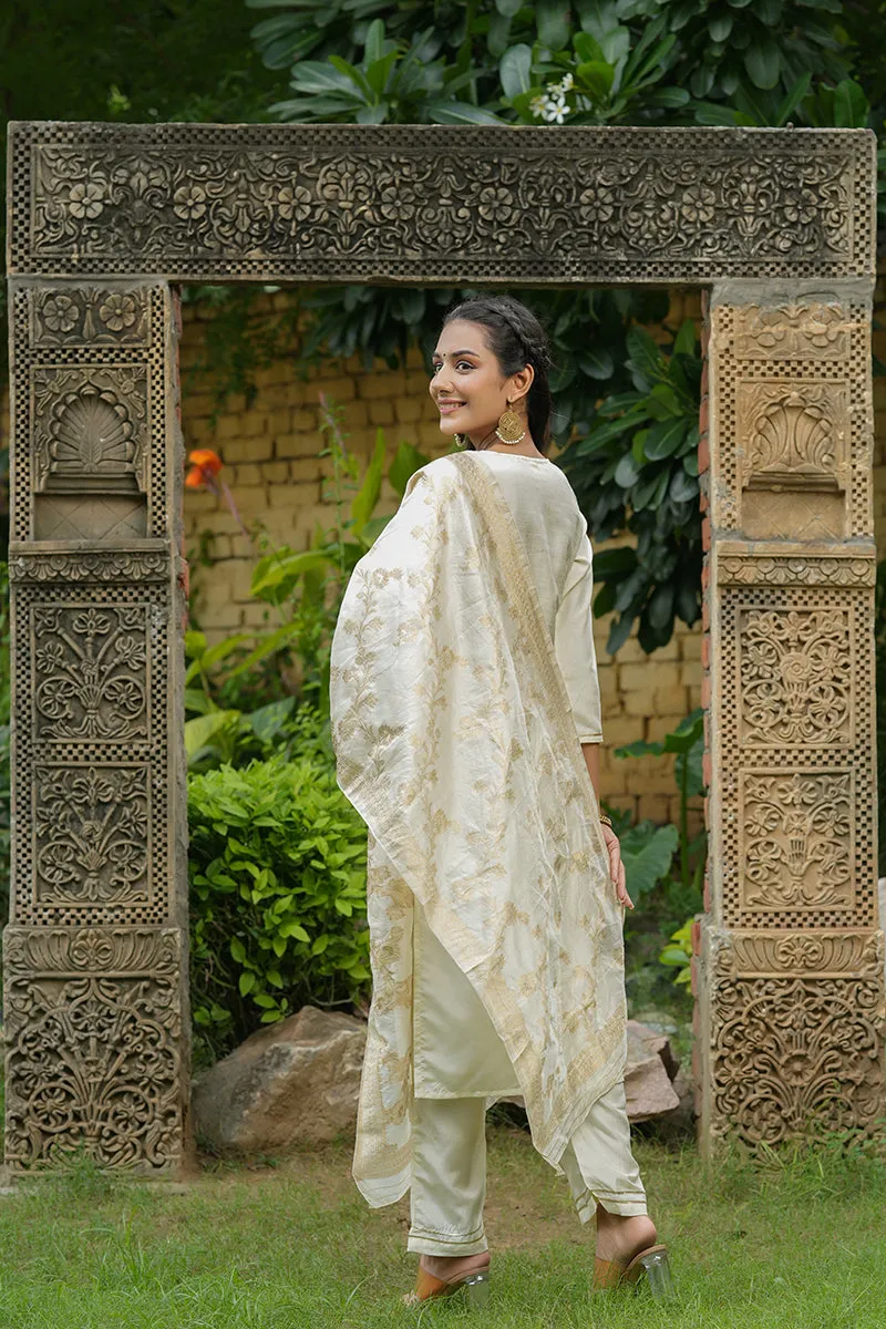 Cream Poly Silk Yoke Design Suit Set