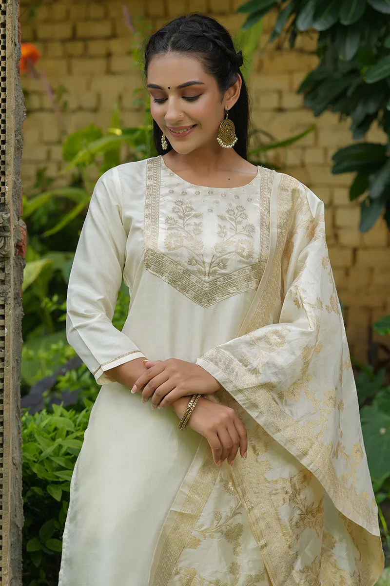 Cream Poly Silk Yoke Design Suit Set