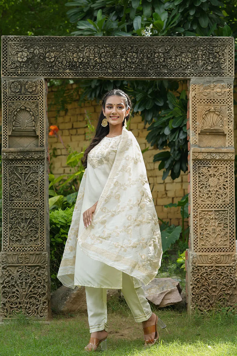 Cream Poly Silk Yoke Design Suit Set