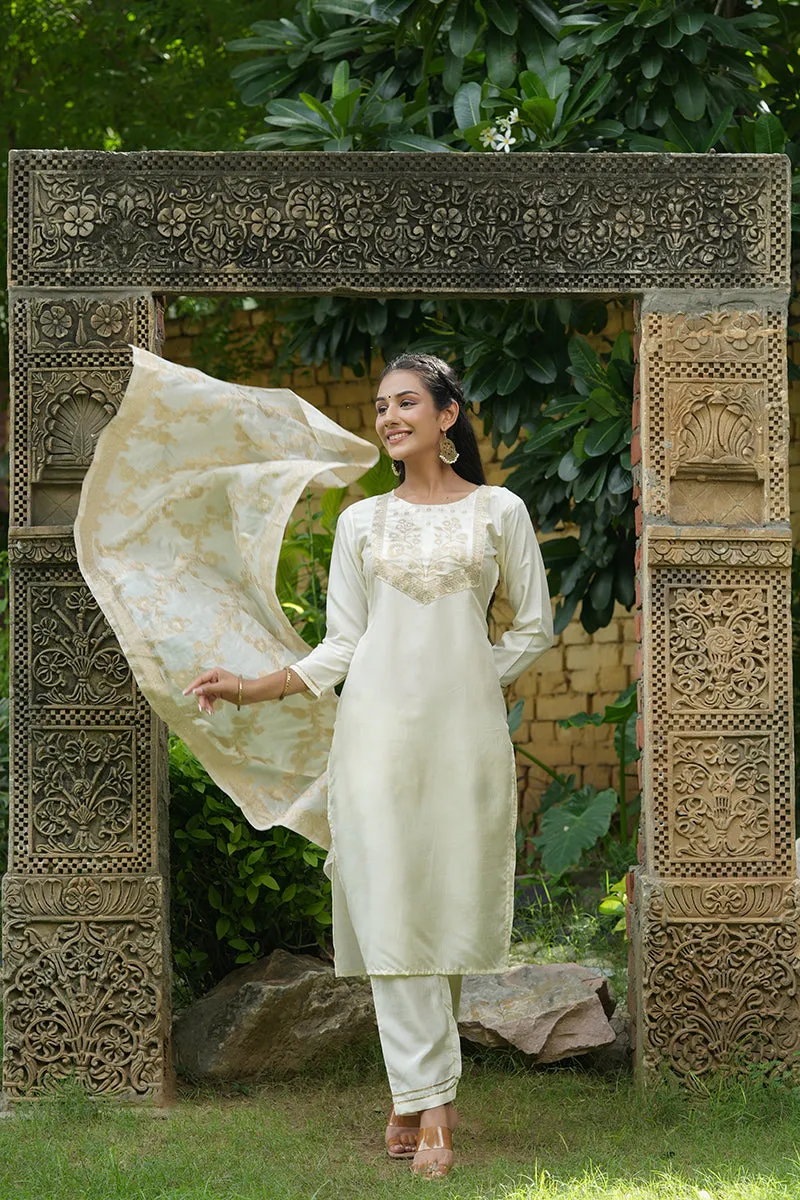 Cream Poly Silk Yoke Design Suit Set