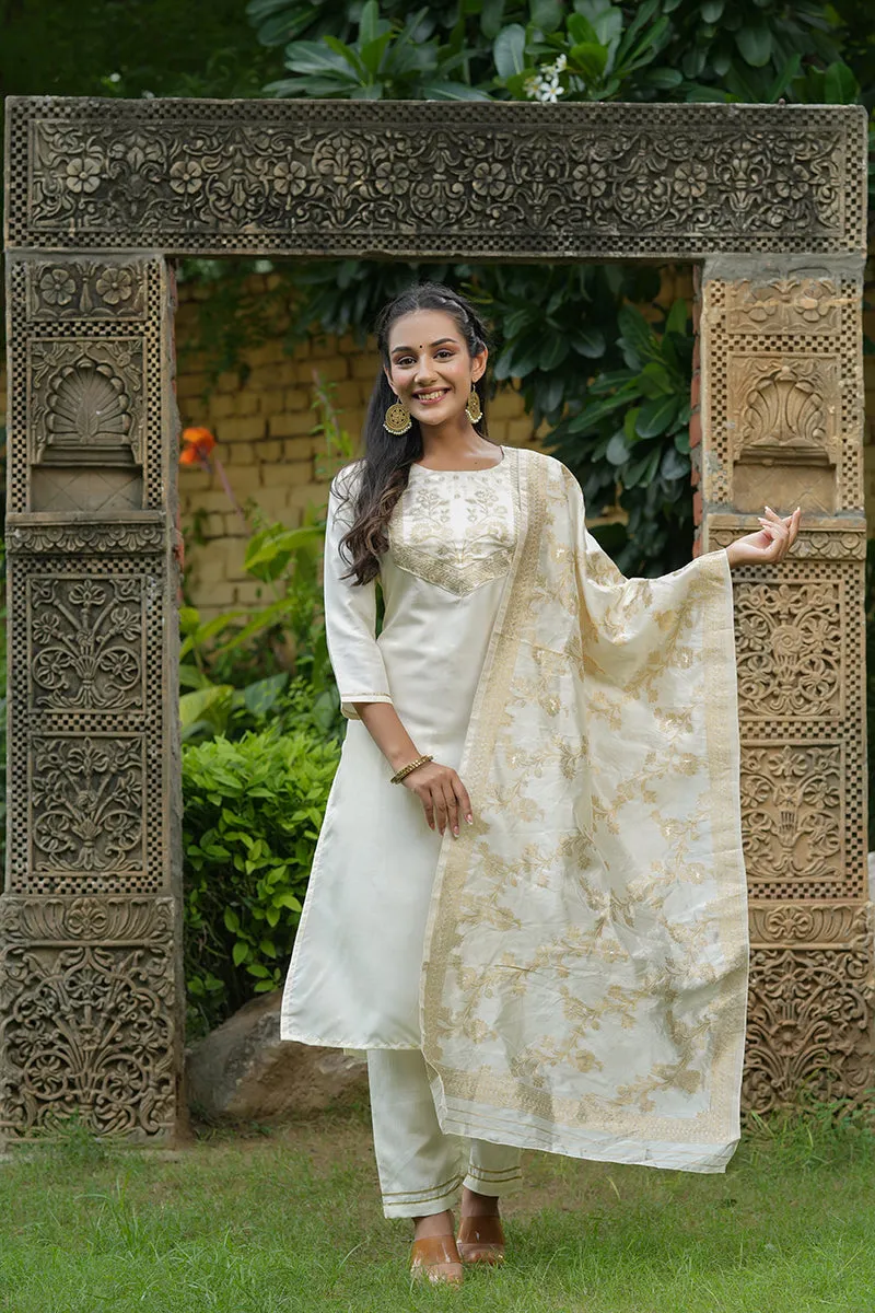 Cream Poly Silk Yoke Design Suit Set