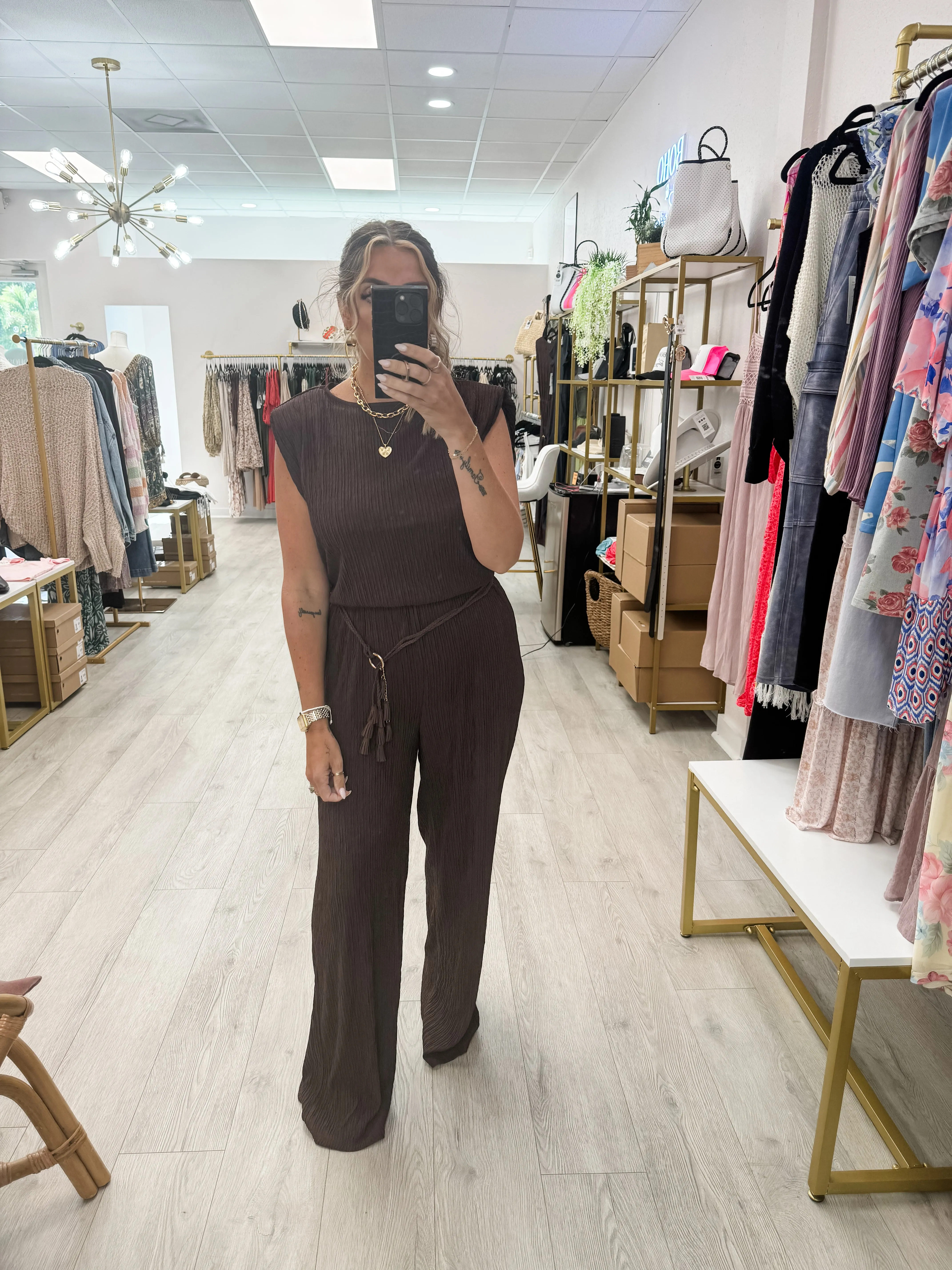 Crinkle Plisse Belt Tie Jumpsuit