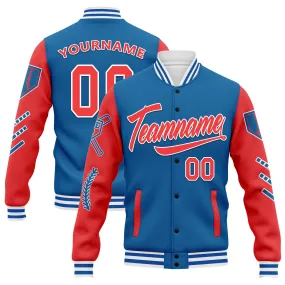 Custom Blue Red Raglan Sleeves Jacket Bomber Full-Snap Varsity Letterman Personalized Jacket FZ005-D023002-2