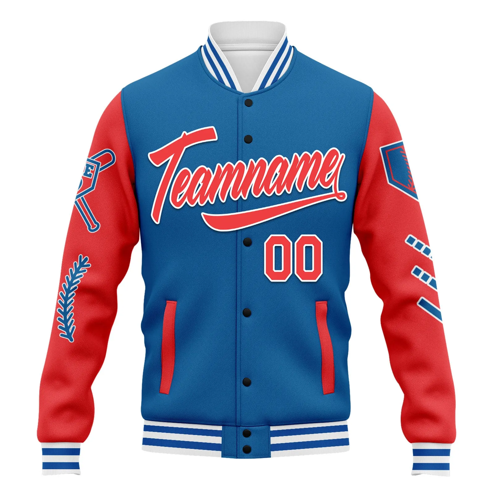 Custom Blue Red Raglan Sleeves Jacket Bomber Full-Snap Varsity Letterman Personalized Jacket FZ005-D023002-2