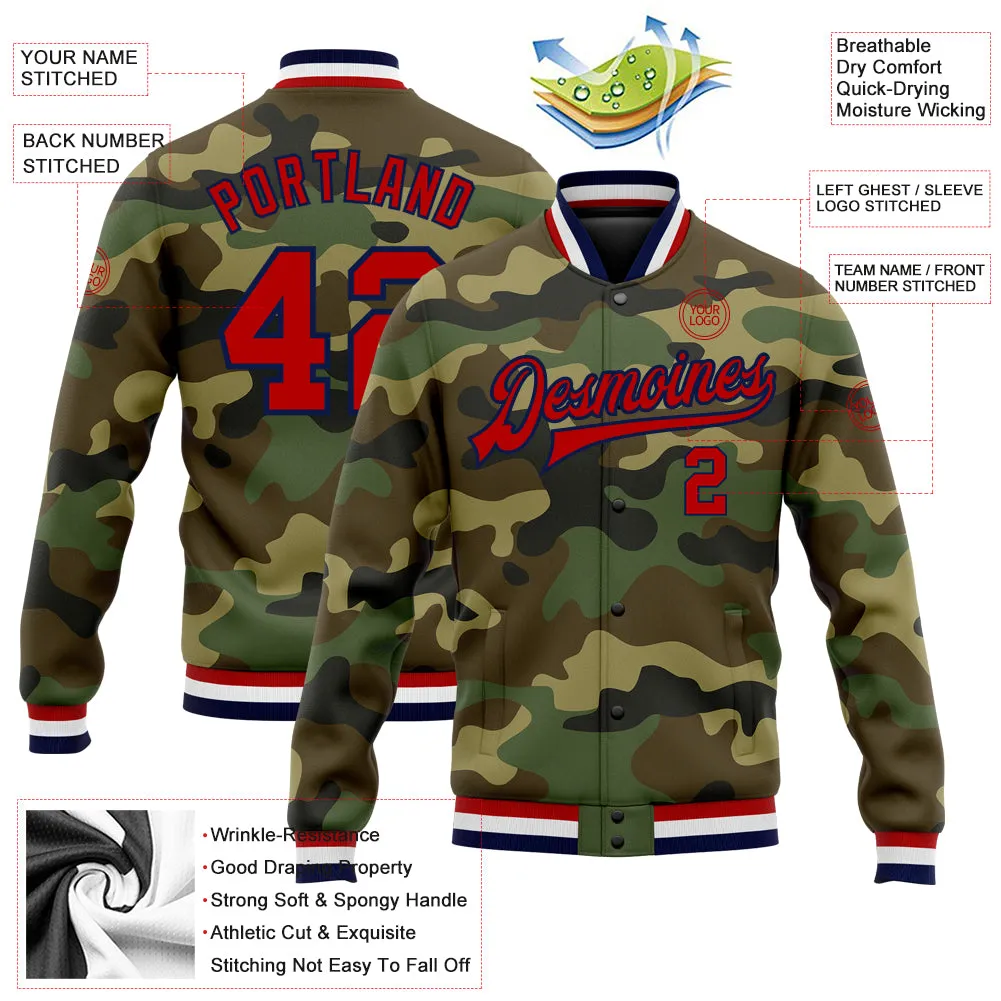 Custom Camo Red-Navy Bomber Full-Snap Varsity Letterman Salute To Service Jacket