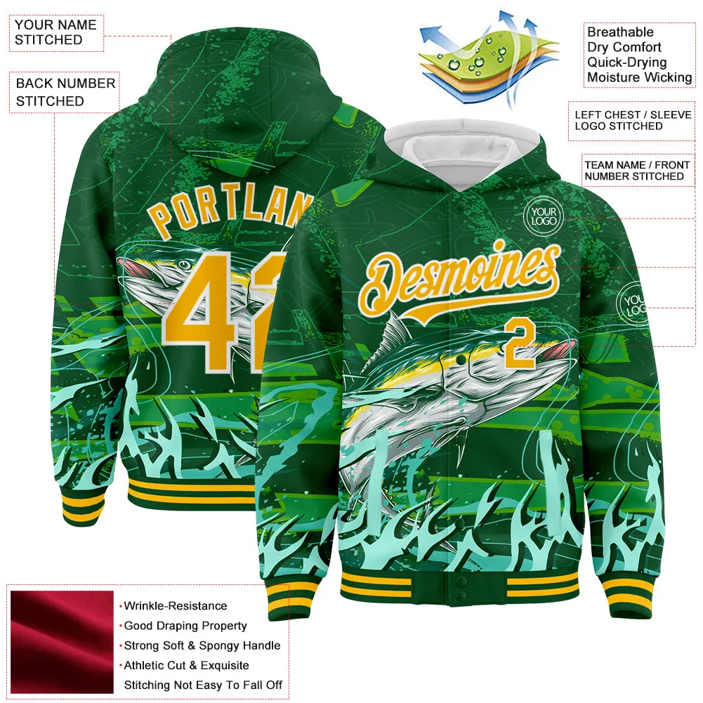 Custom Green Gold-White Tuna Fish Fishing 3D Bomber Full-Snap Varsity Letterman Hoodie Jacket