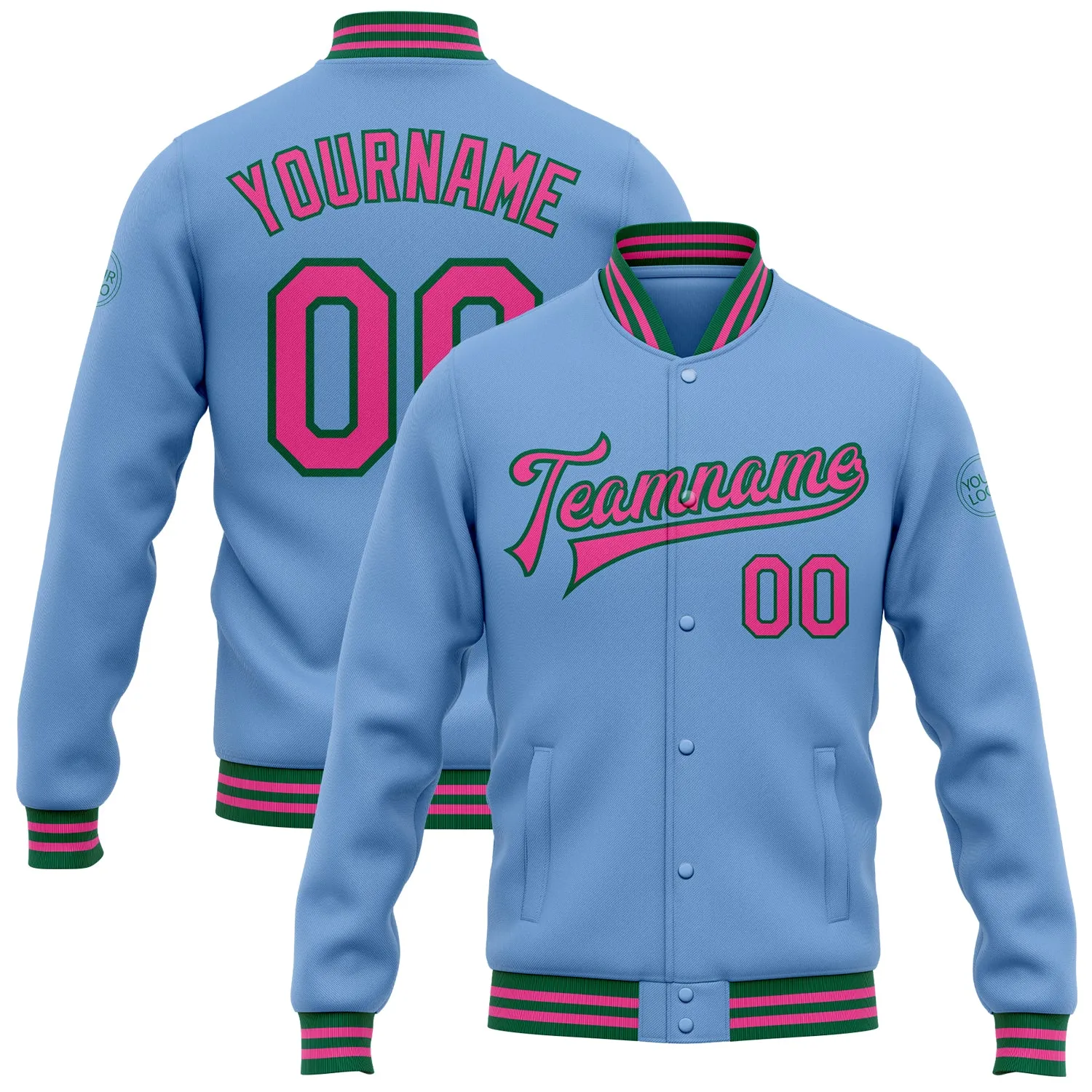 Custom Light Blue Pink-Kelly Green Bomber Full-Snap Varsity Letterman Jacket