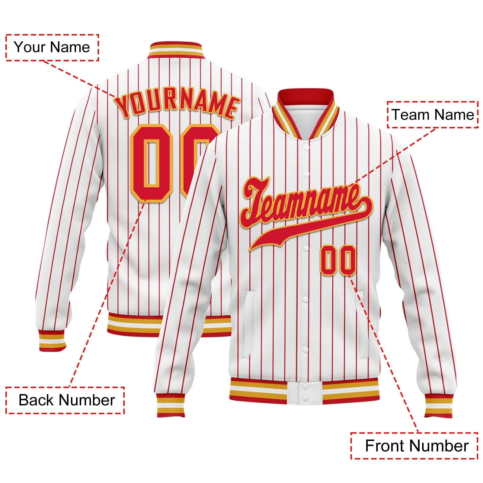 Custom White Red Stripe Fashion Jacket Bomber Full-Snap Varsity Letterman Personalized Jacket FZ005-D020219-16