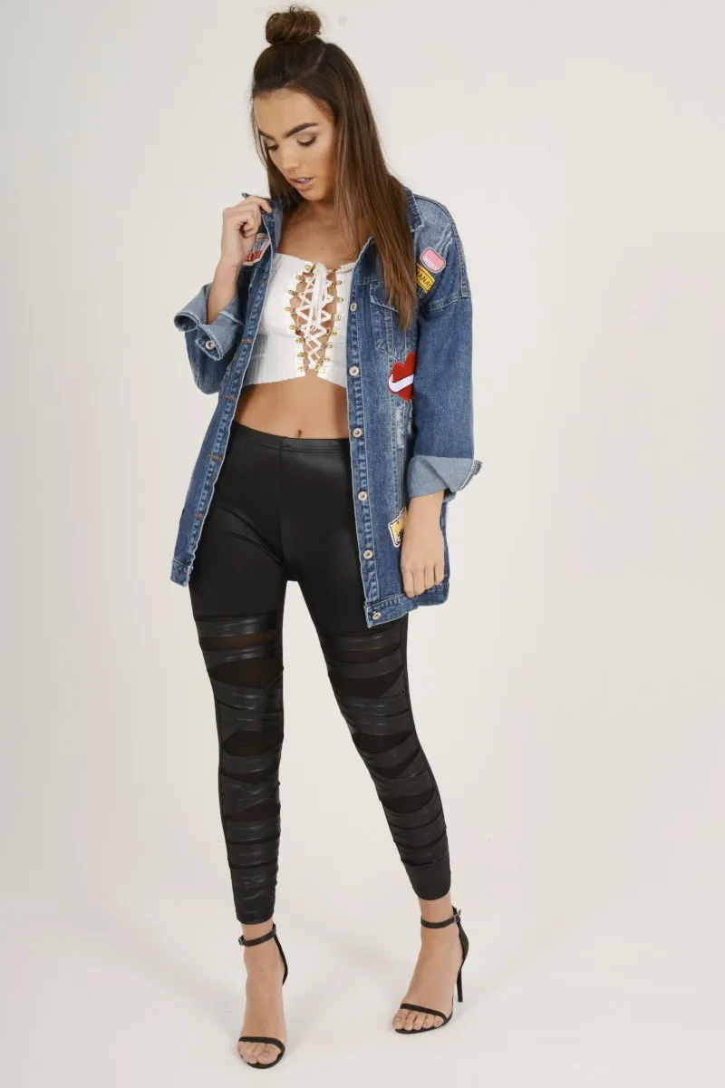 Dark Wash Badge Detail Distressed Denim Jacket - Becca