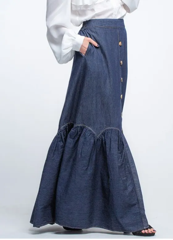 Denim Maxi Skirt with Ruffles