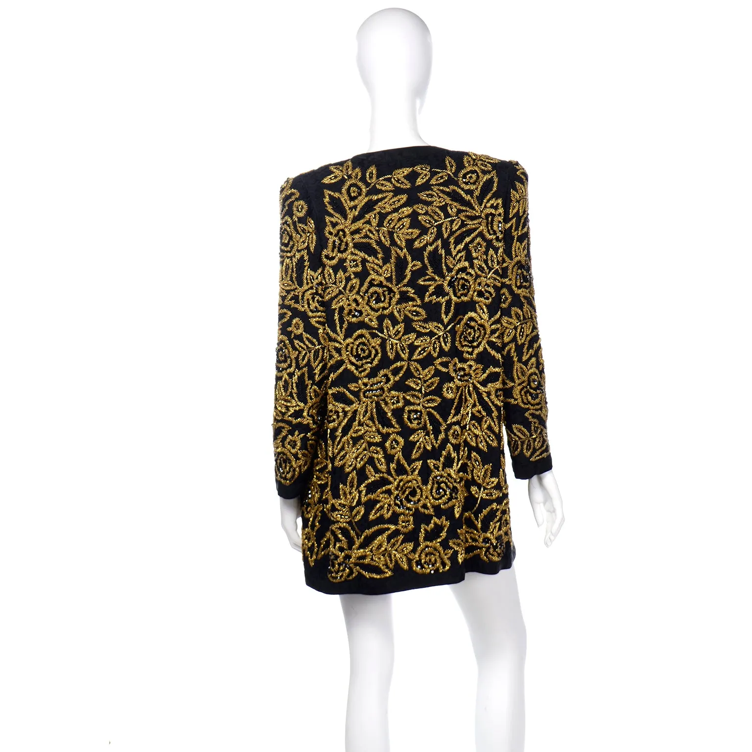 Diane Freis Vintage Gold Heavily Beaded Embroidered Black Jacket