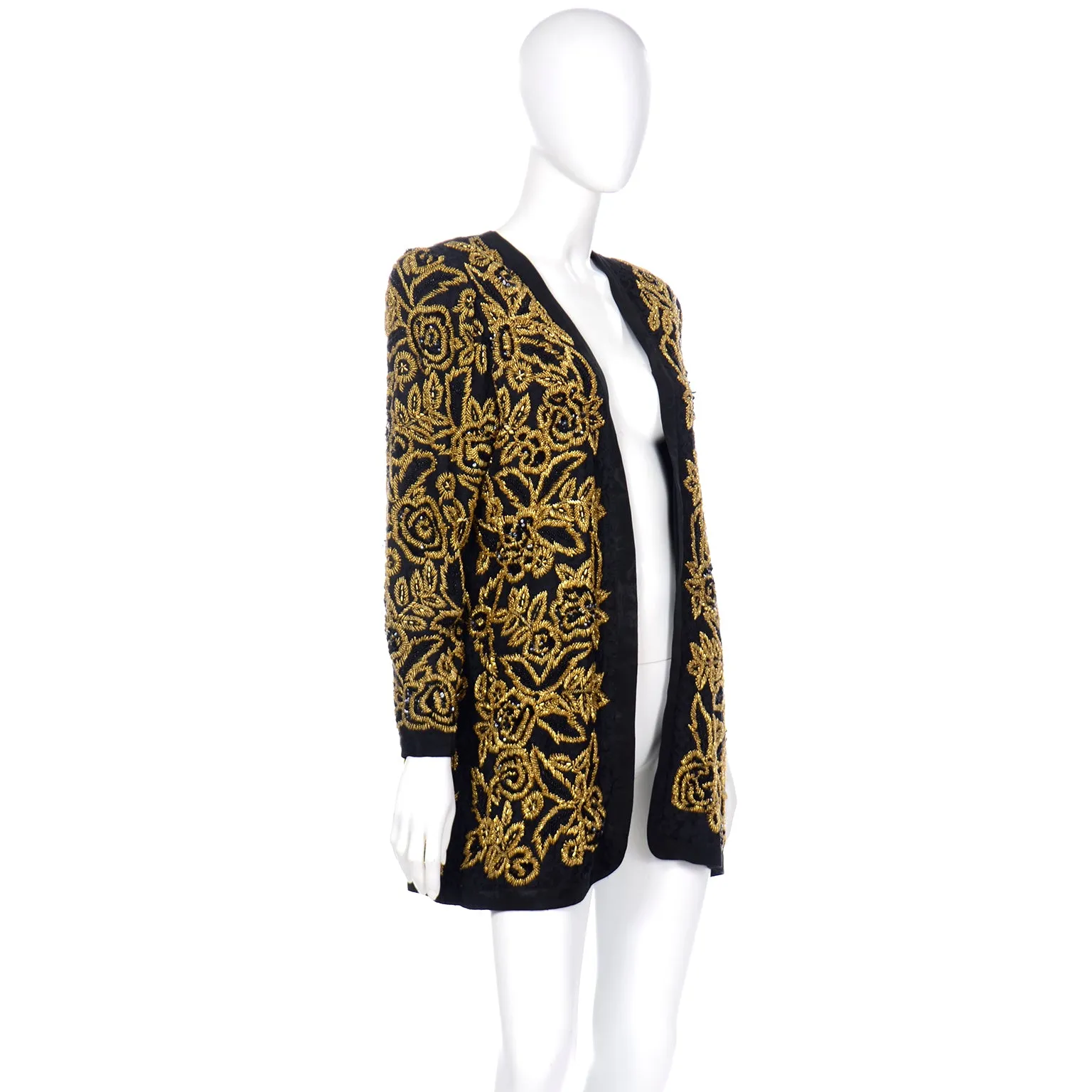 Diane Freis Vintage Gold Heavily Beaded Embroidered Black Jacket