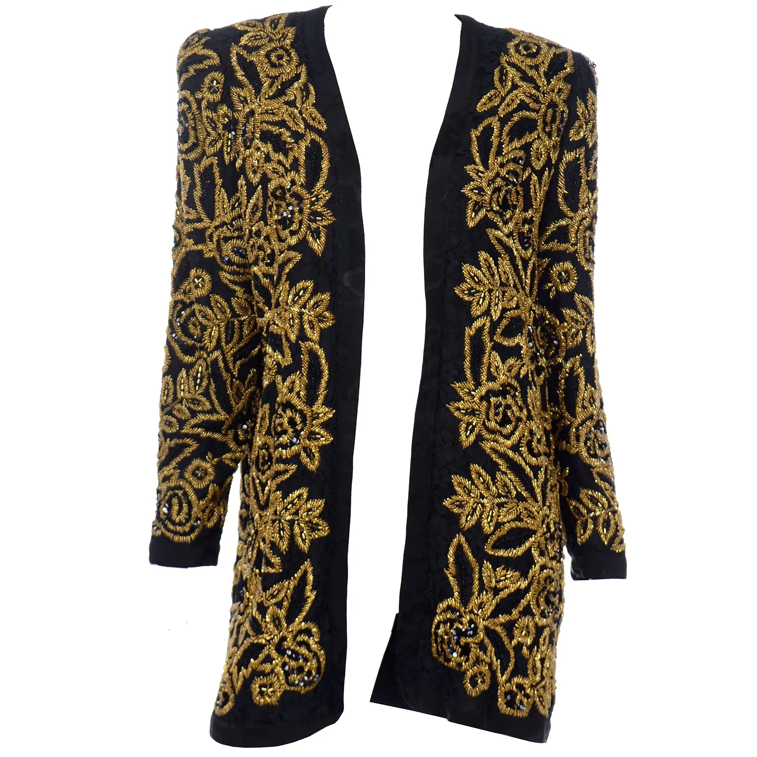 Diane Freis Vintage Gold Heavily Beaded Embroidered Black Jacket