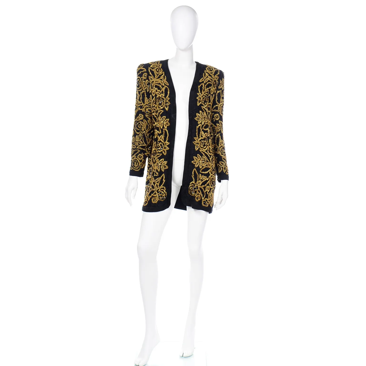 Diane Freis Vintage Gold Heavily Beaded Embroidered Black Jacket