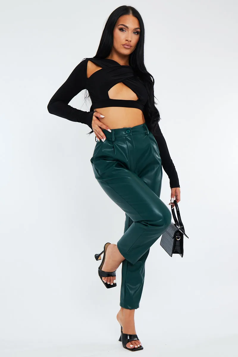 Emerald Green Tailored Fit PU Leather Trousers - Nadya